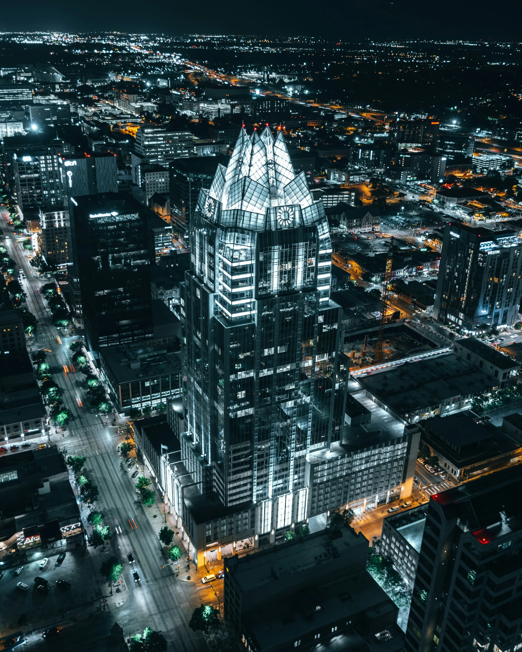 aerial view of a large city skyline at night