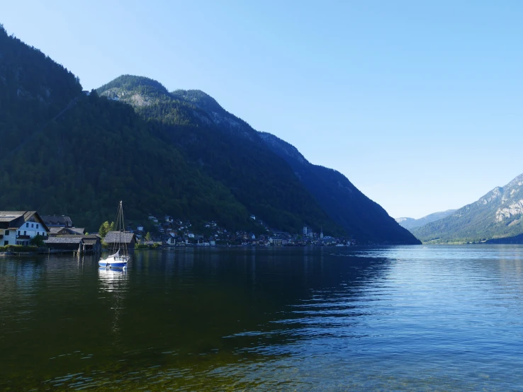 small village on a lake with green hills in the background