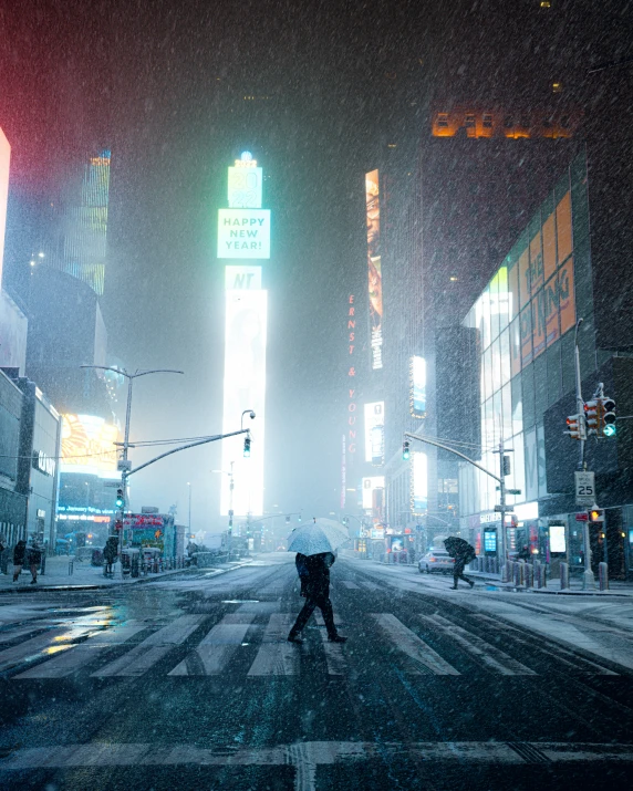 two people walking in the snow with umbrellas