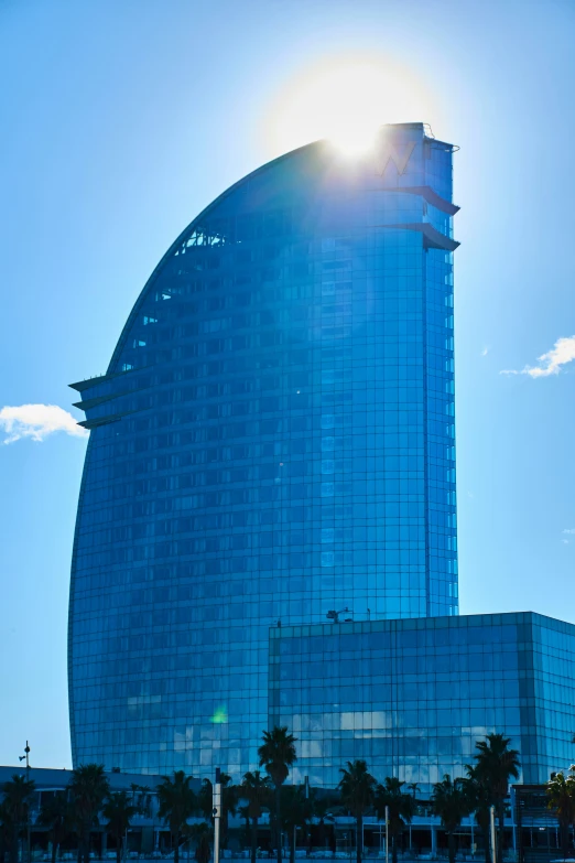 a view of the back of a blue building