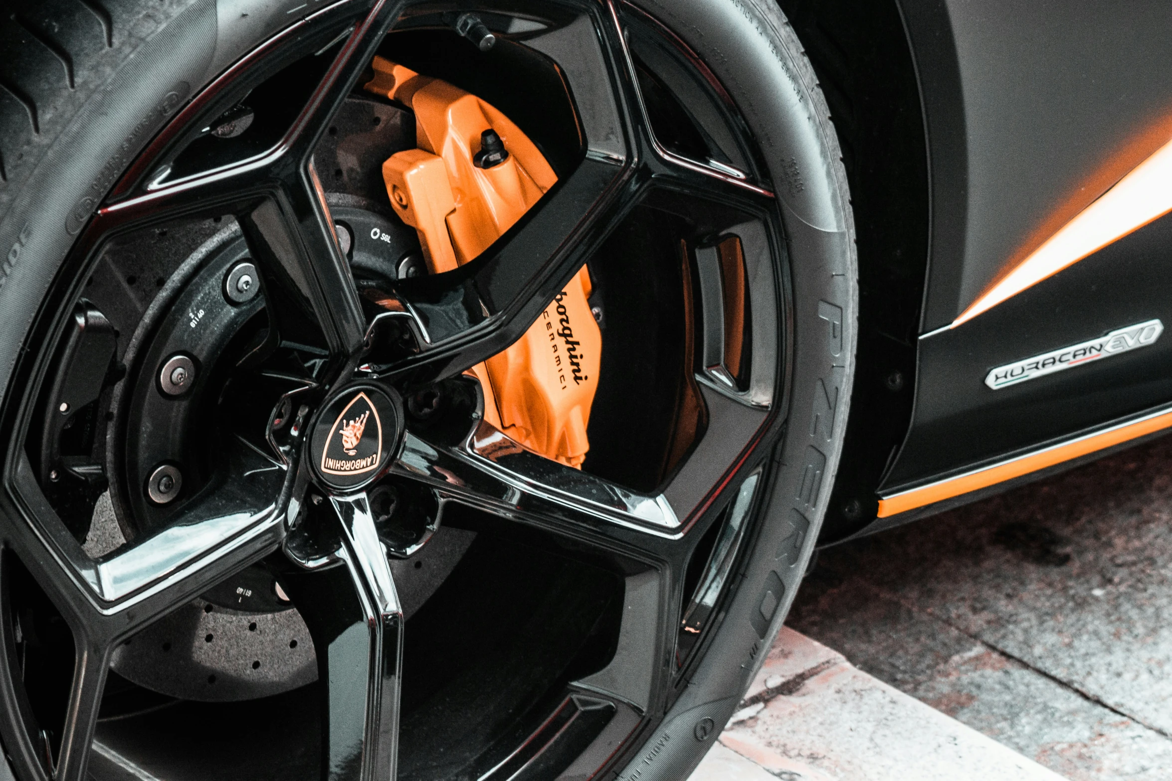 black and orange wheels of a sports car