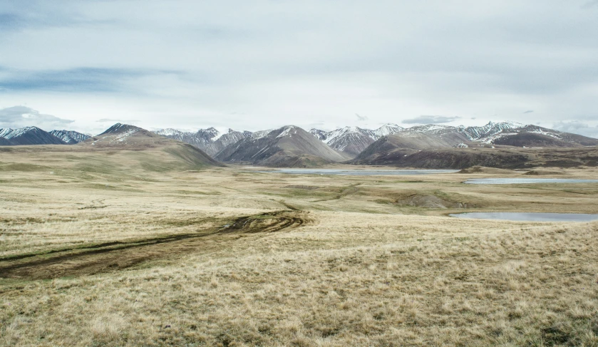 a wide, grassy plain with water and mountains in the background