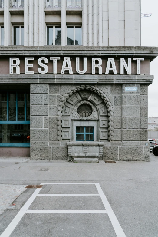 a building that has a large restaurant in front of it