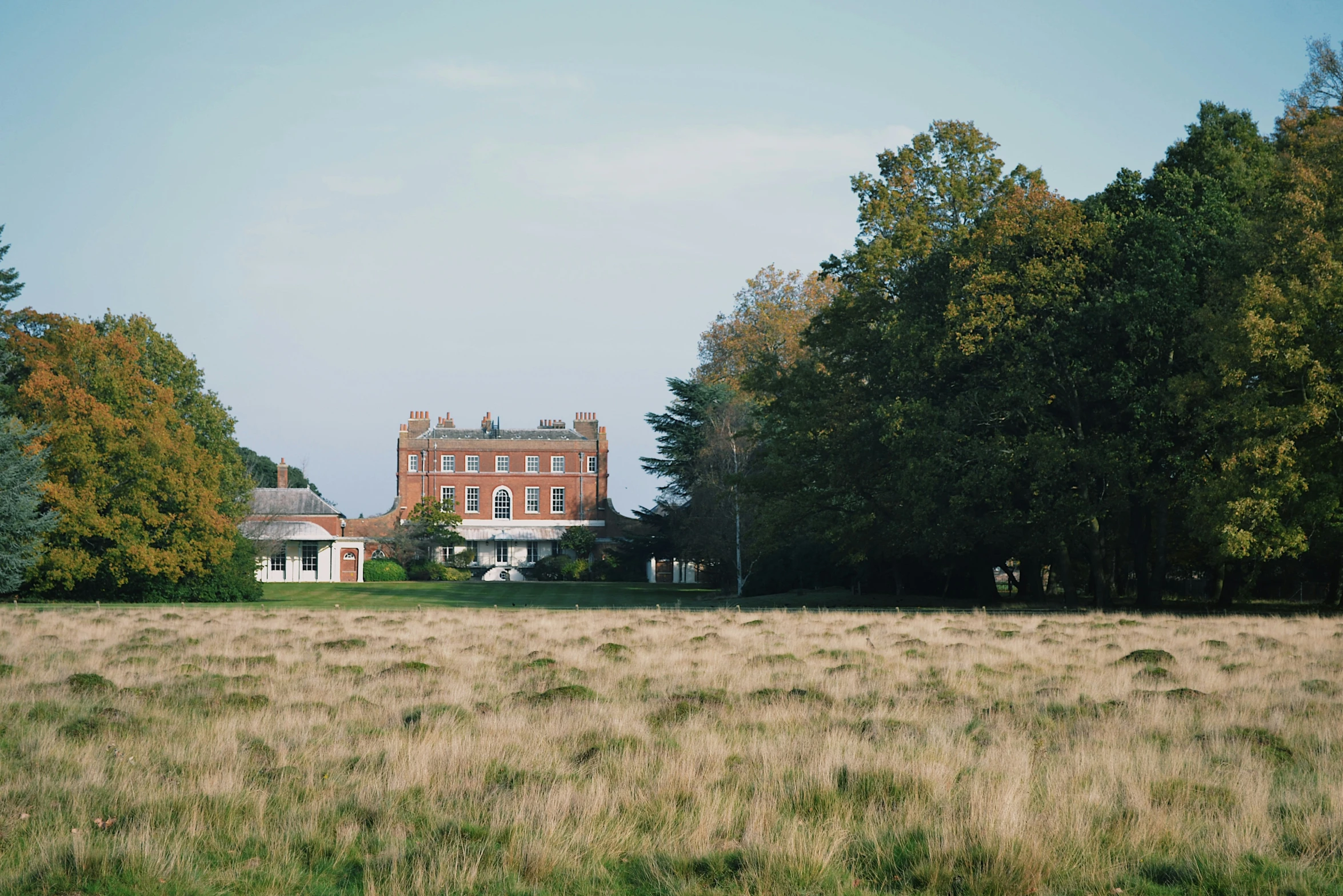 a big house sits next to some trees