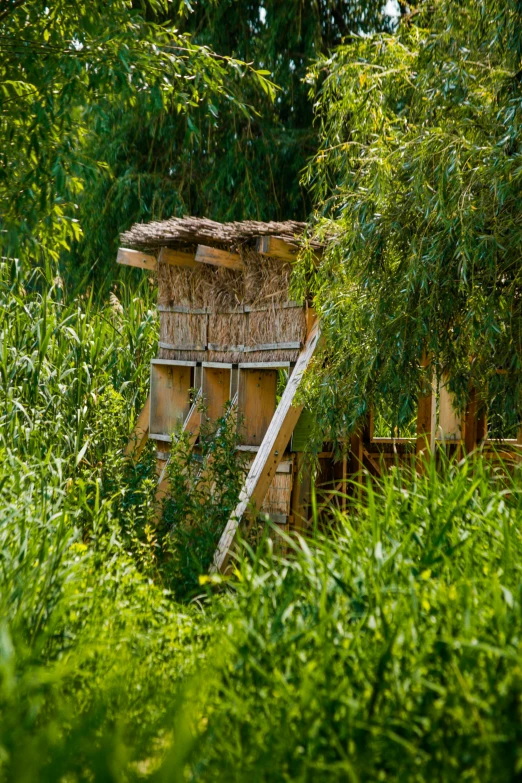 an old, weathered hut that looks like it was built out of nches