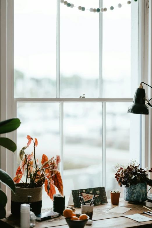 flowers sitting on a desk next to a big window