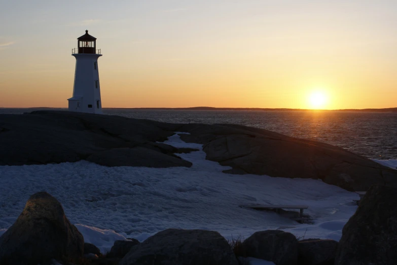 the sun setting behind the light house on top of the hill