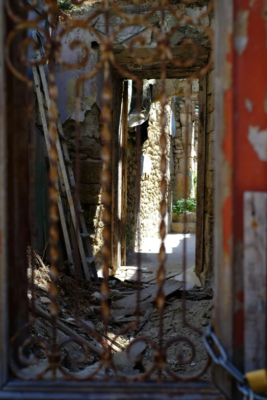 the open doorway to a building with a rusty gate and metal bars