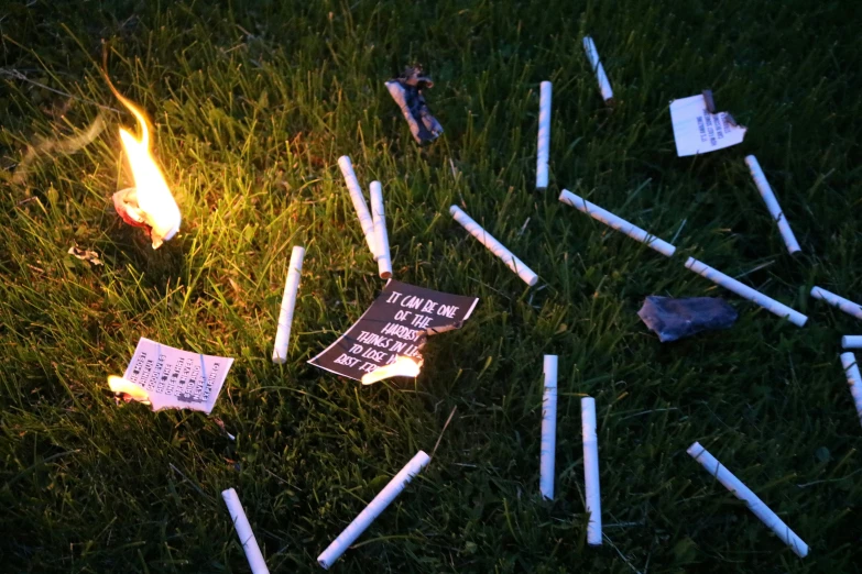 an arrangement of cigarettes and matches are lying in the grass