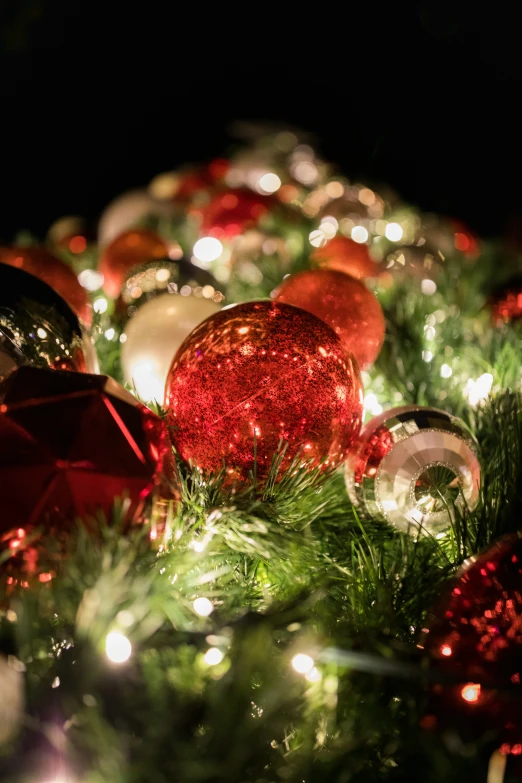 many different ornaments sit together on the tree