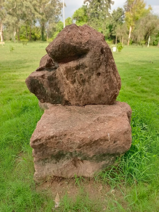 a large rock in the middle of grass