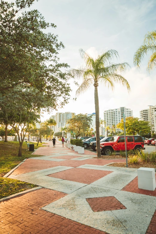 people walking on the sidewalk between two palm trees