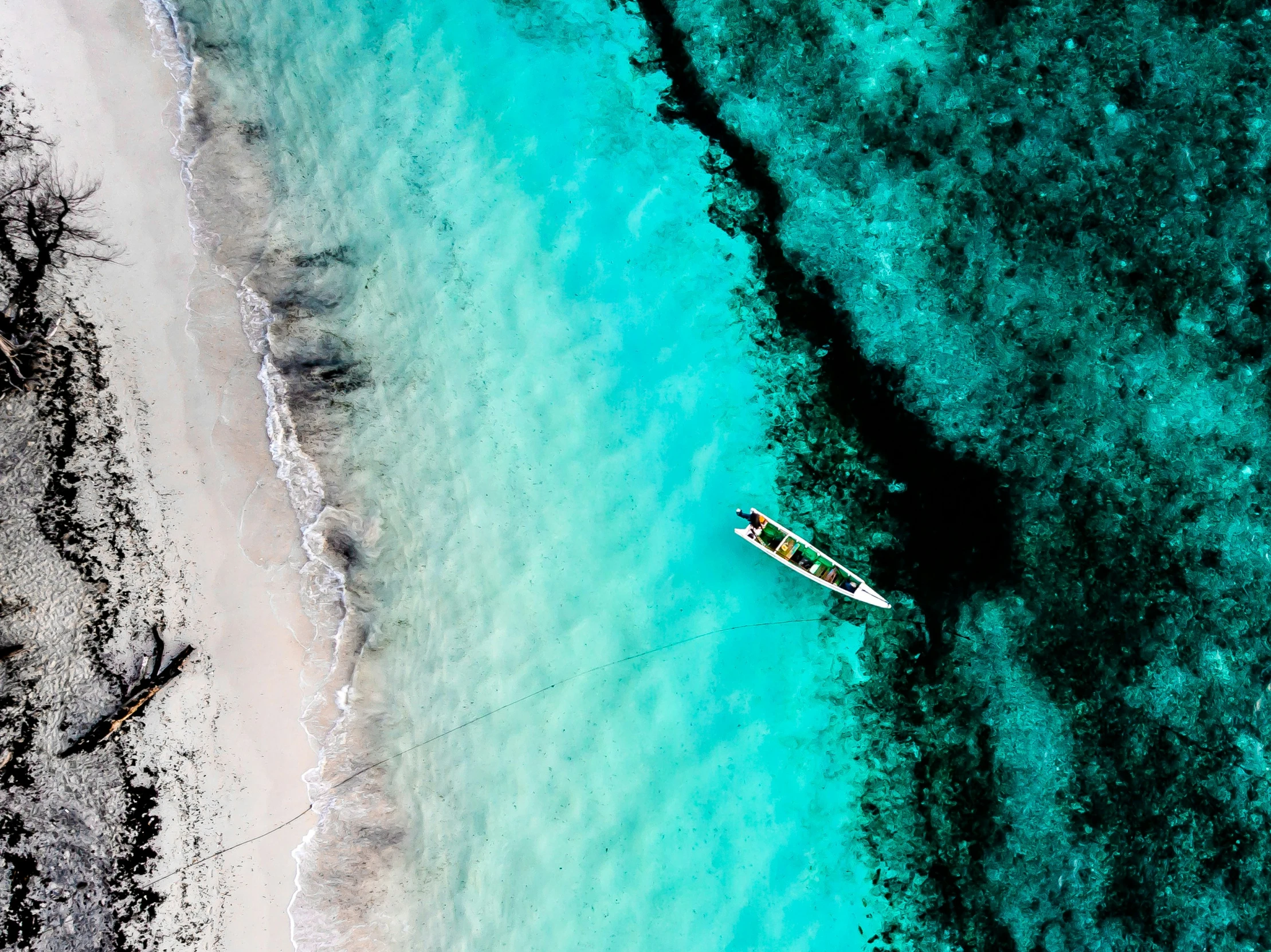 an aerial view of a beach with a kayak