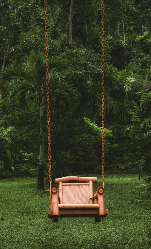 a red couch on a swing in the grass