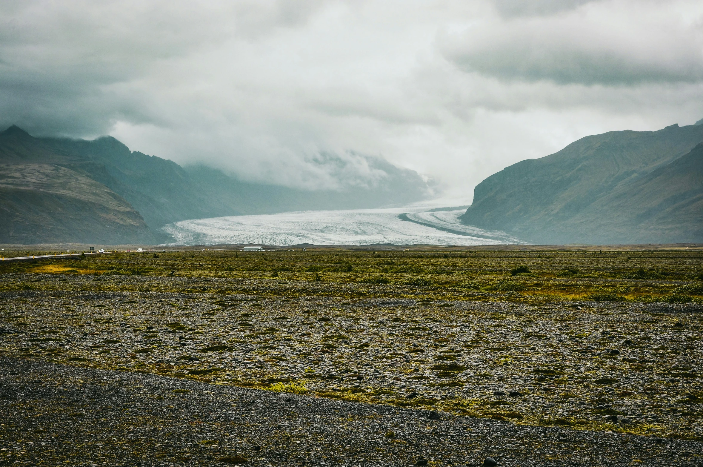 two sheep in front of some mountains and water