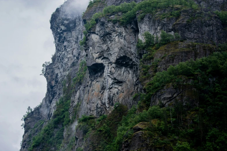 two people standing in front of a mountain near a forest