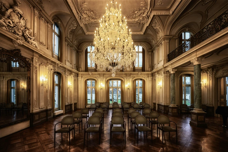 chairs and chandelier in ornately decorated ballroom