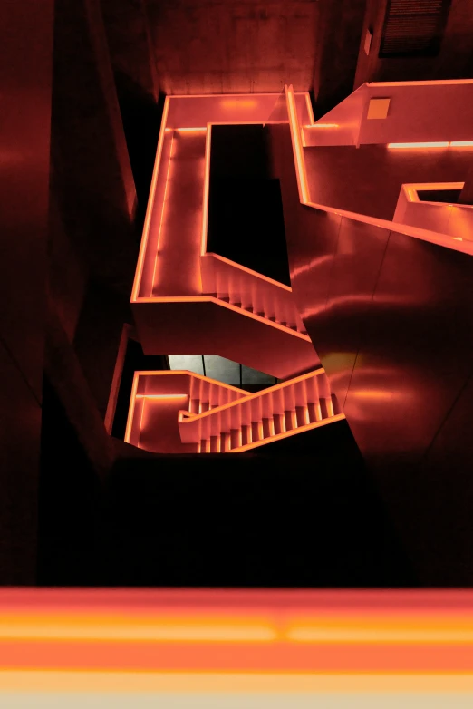 some stairs and lights are seen in this artistic picture