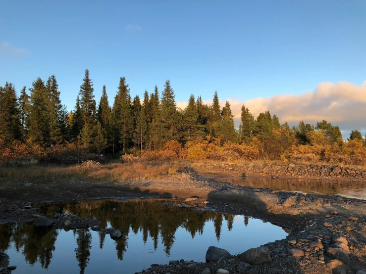 a small pond surrounded by rocky landscape and trees