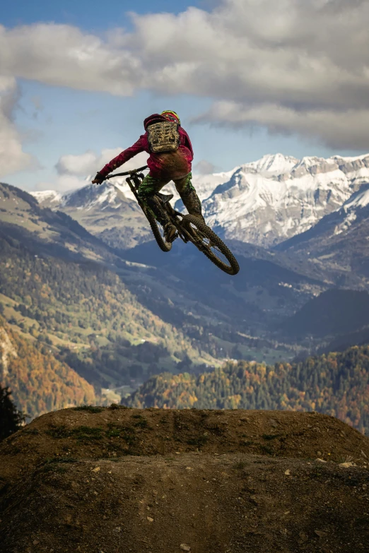 a person on a bike up in the air above trees