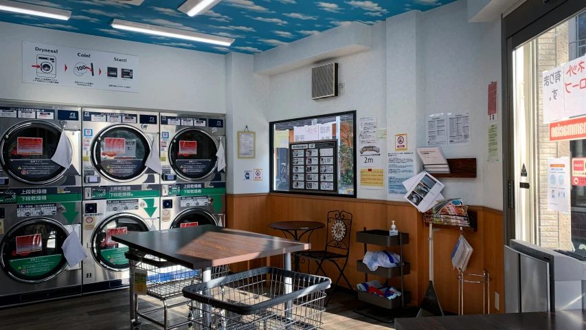 a row of laundment washing machines in a laundry room