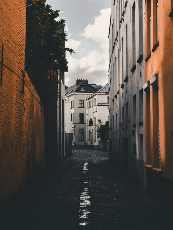 this narrow alley is made of cobblestone, a stone path and the house is in focus