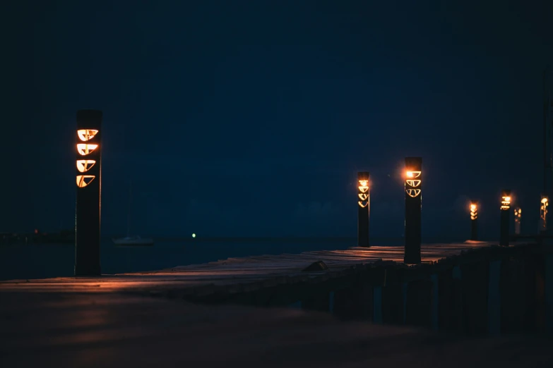 illuminated lights are sitting along the dock at night