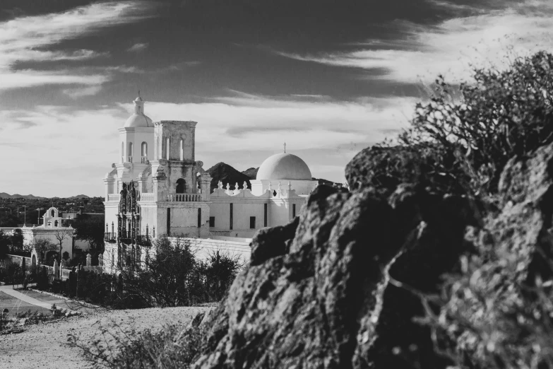 a black and white po of a church in an ancient city