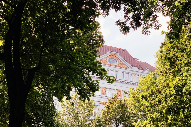 the building is surrounded by trees and a bench