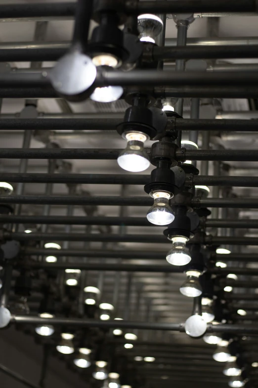 many dim lights hang from an industrial ceiling