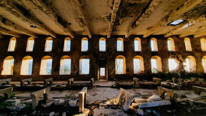 the inside of a building with stained glass windows