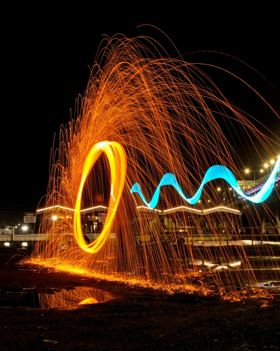 a colorful po with long exposure of fire spinning in the air