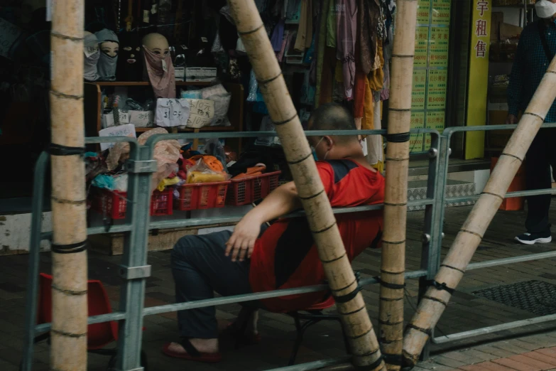 there is a man sitting alone at an outside store