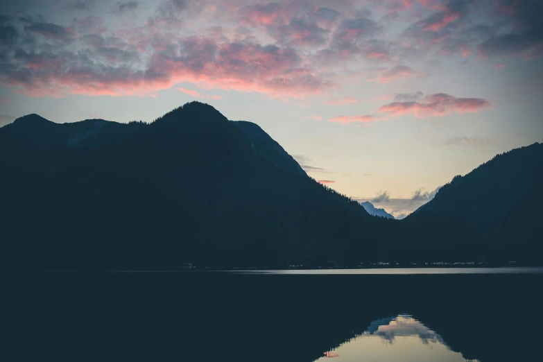 a sunset with mountain and sky reflected in the water