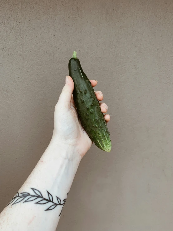 a person's hand is holding an odd shaped cucumber