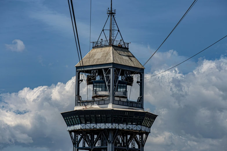 the tower is tall and the wires are all going through