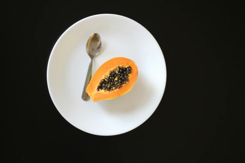 a plate containing a half eaten papaya and a spoon