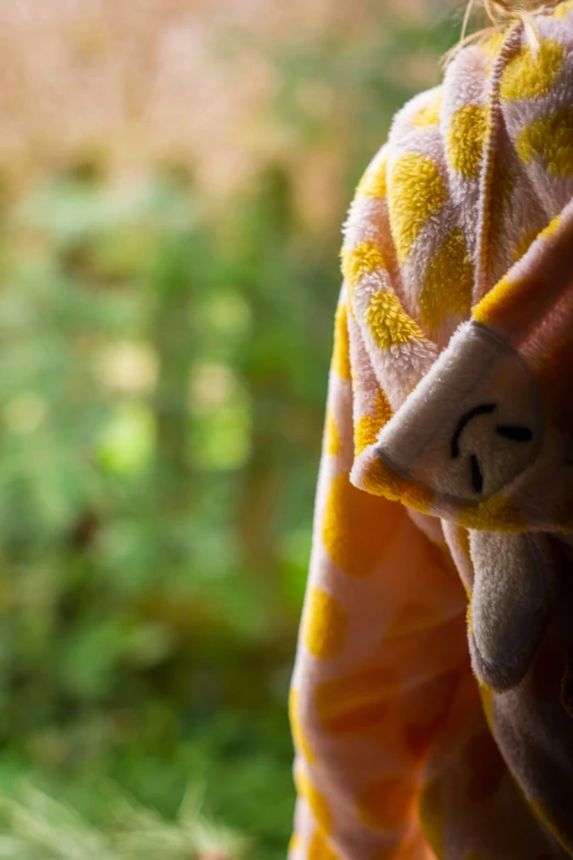 a hand with a small teddy bear wrapped in a towel