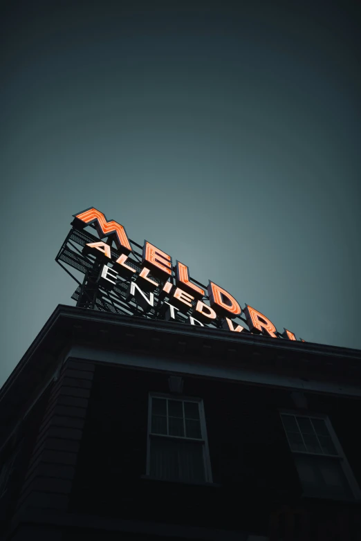 neon signs are displayed on the roof of a tall building