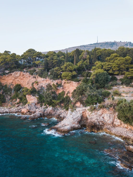 the ocean is clear and blue with many trees on it