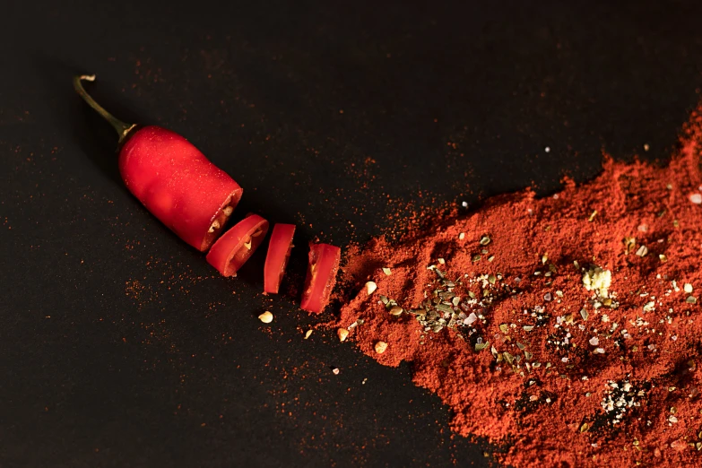 red crushed spices arranged on black surface