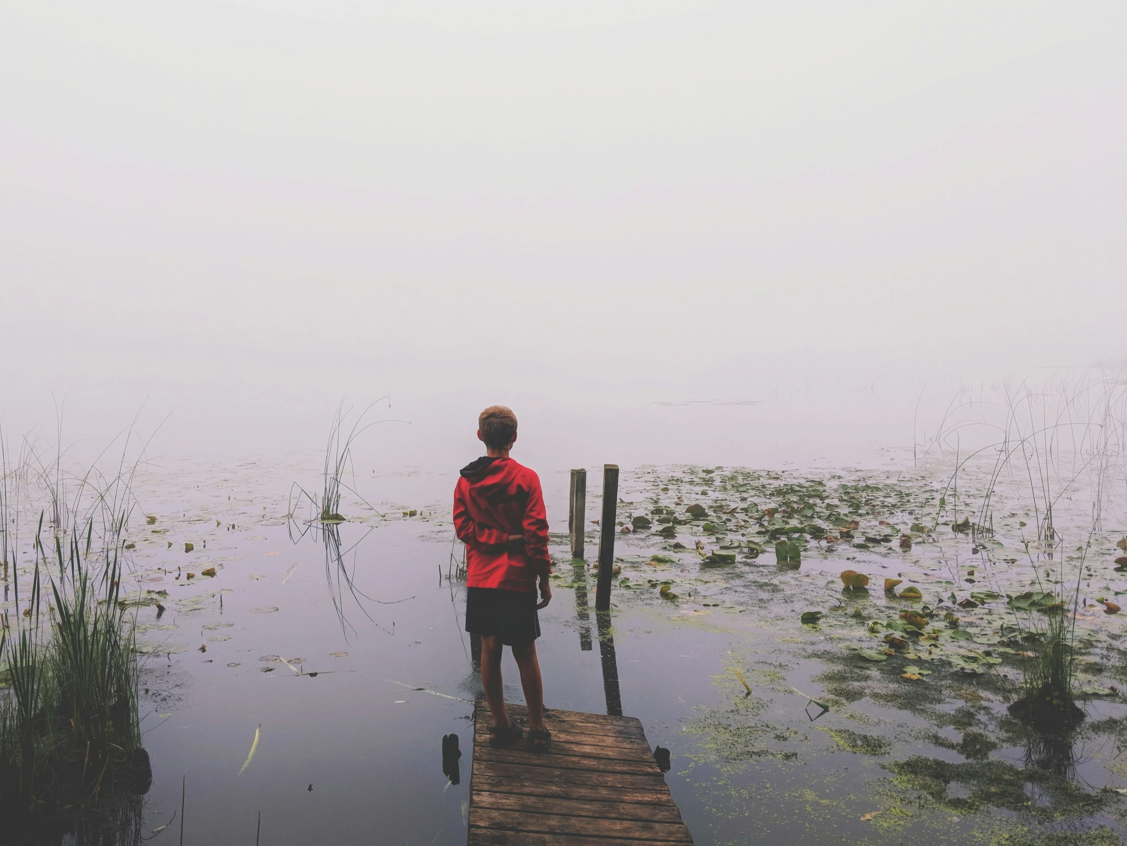 the person is standing on the dock by himself