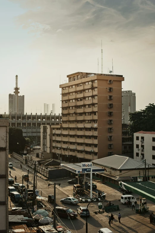 traffic in an intersection of a city with tall buildings