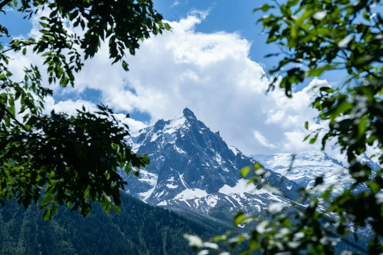 the snow covered mountain peaks in the distance