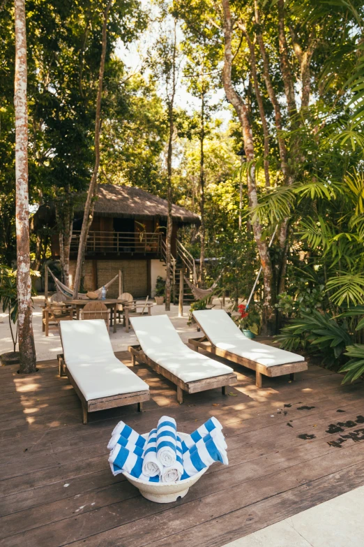 several sun lounge chairs sitting around in a forest