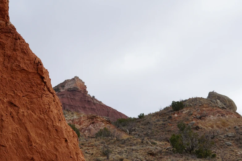 several red hills and trees with one mountain in the distance