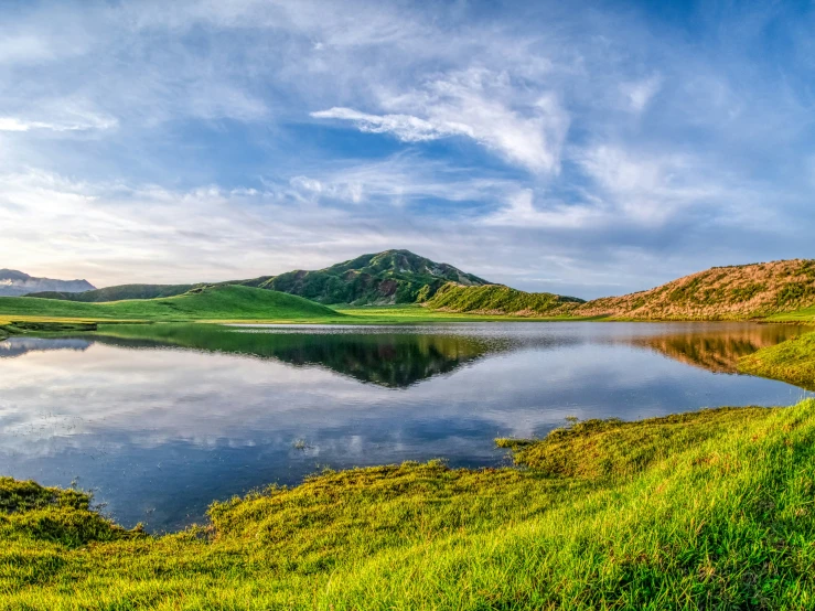 this is the view of a grassy hillside, water and hills