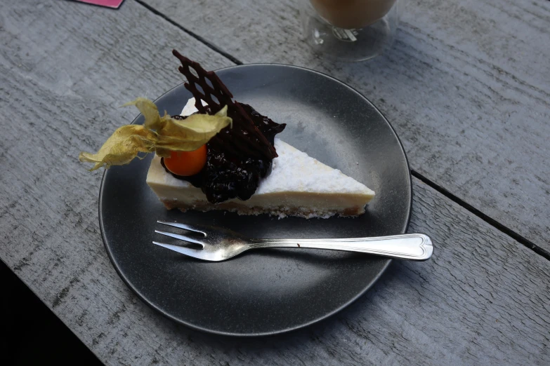 a piece of pie and chocolate is on a plate