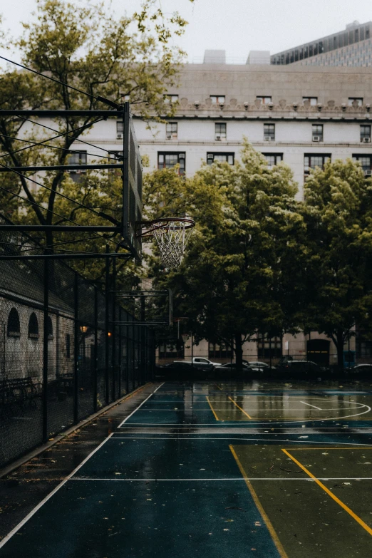 a tennis court sitting outside of a large building