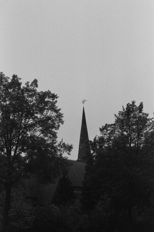 a church steeple with trees in the background